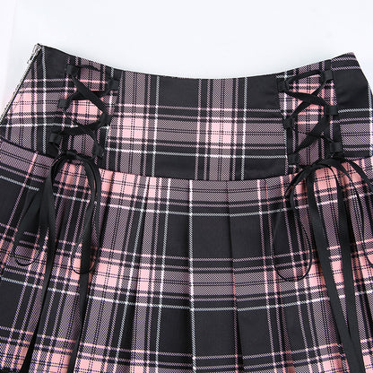 Sexy Lace Up Trim Plaid Pleated Mini Skirt Punk Goth Dark Academia School Girl E-Girl Kawaii Korean Japanese Harajuku Streetwear