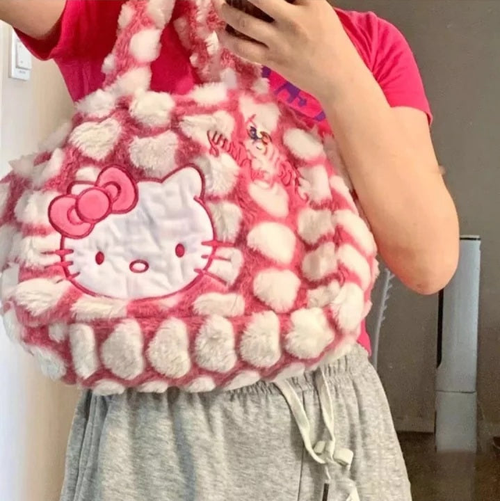 Cute Sweet Pink Kitty Cat Love Heart Plush Shoulder Messenger Bag Purse Aesthetic Casual Summer E-Girl Kawaii Korean Japanese Harajuku