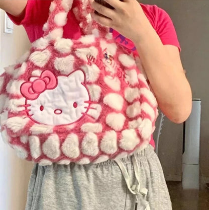 Cute Sweet Pink Kitty Cat Love Heart Plush Shoulder Messenger Bag Purse Aesthetic Casual Summer E-Girl Kawaii Korean Japanese Harajuku