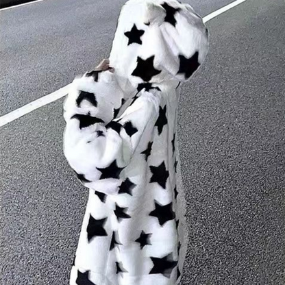 3D Star Ear Print Plush Hood Jacket