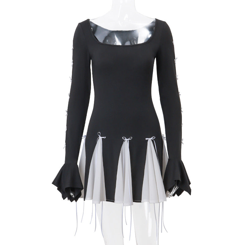 Black Lace Up Splice Fold Bodycon Dress