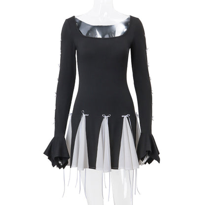 Black Lace Up Splice Fold Bodycon Dress