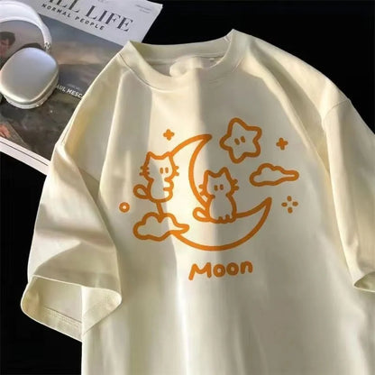 Cat Moon Print Short Sleeve T-shirt