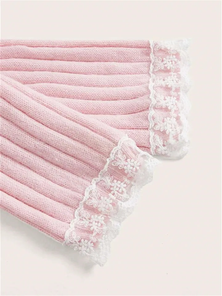 Pink Off Shoulder Bow Lace Sweater