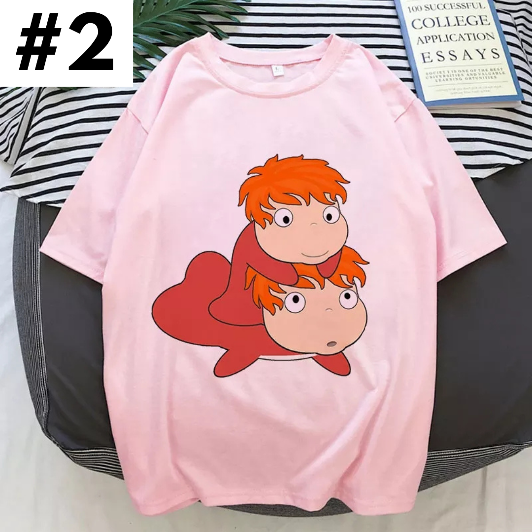 Cute Pink Ponyo Anime Cartoon Print Graphic Short Sleeve Shirt Top Summer Aesthetic Casual E-Girl Kawaii Korean Japanese Harajuku