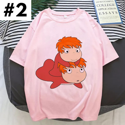 Cute Pink Ponyo Anime Cartoon Print Graphic Short Sleeve Shirt Top Summer Aesthetic Casual E-Girl Kawaii Korean Japanese Harajuku