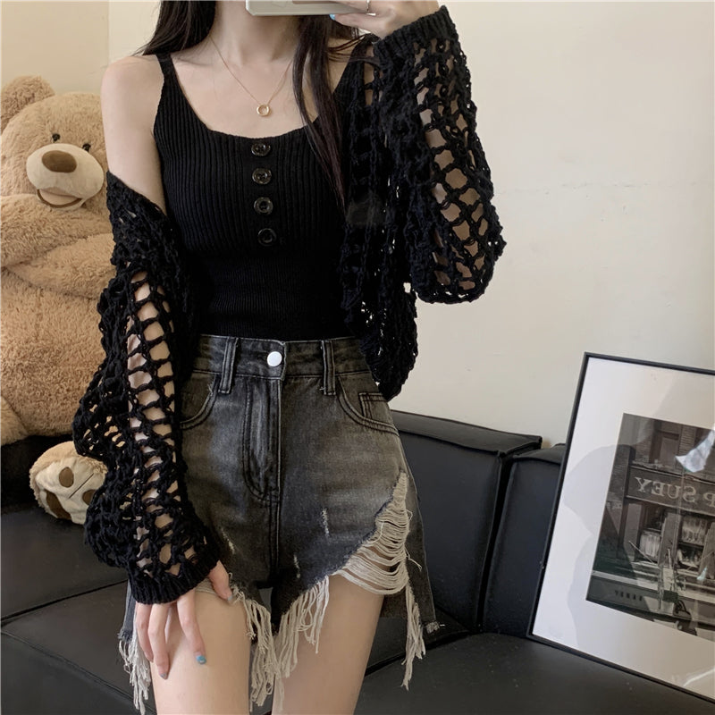 2PCS Green Button Top + Crochet Smock