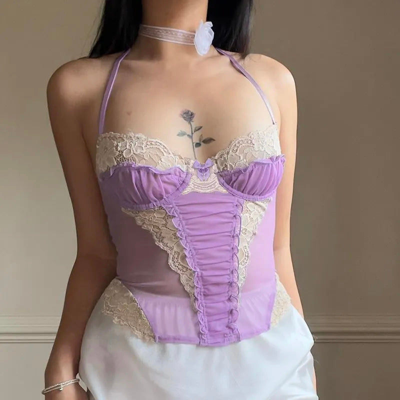 Purple Lace Trim Mesh Halter Top