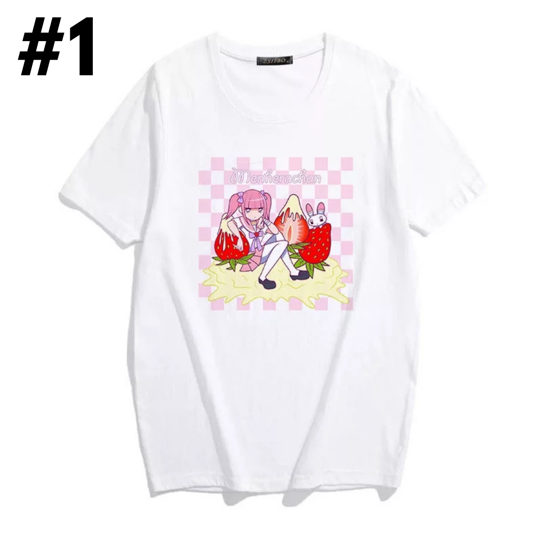 Cute Sweet Pastel Pink Anime Girl Strawberry Print Loose Short Sleeve Shirt Aesthetic Casual E-Girl Kawaii Korean Japanese Harajuku