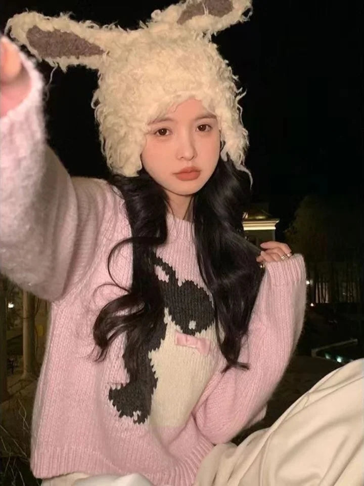 Pink Rabbit Bow Cropped Sweater