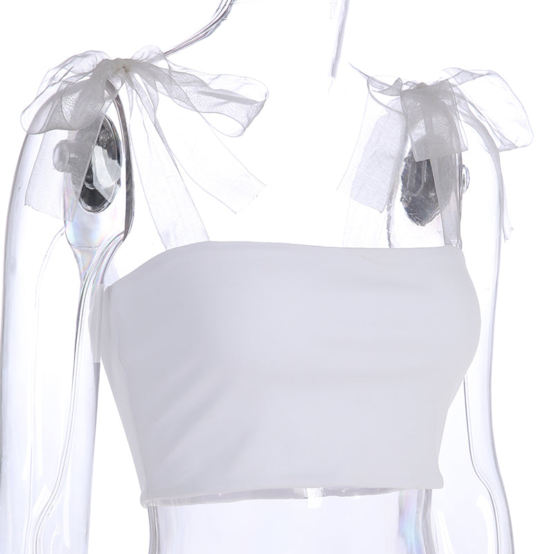 Cute White Patchwork Mesh Transparent Straps Tie Up Tank Top Crop Shirt Tee T-shirt E-Girl Kawaii Korean Japanese Harajuku Retro Streetwear Aesthetic
