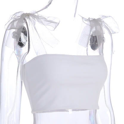 Cute White Patchwork Mesh Transparent Straps Tie Up Tank Top Crop Shirt Tee T-shirt E-Girl Kawaii Korean Japanese Harajuku Retro Streetwear Aesthetic