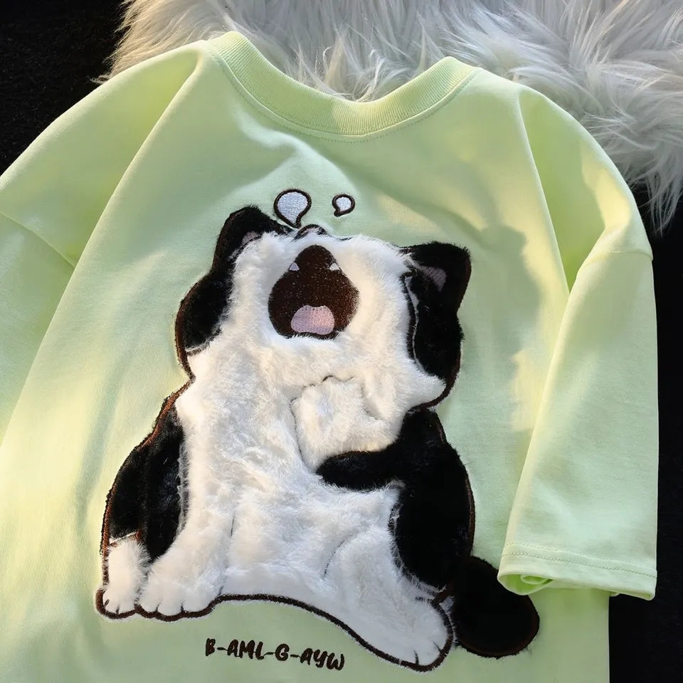 Fluffy Yawning Cat Print Short Sleeve T-shirt