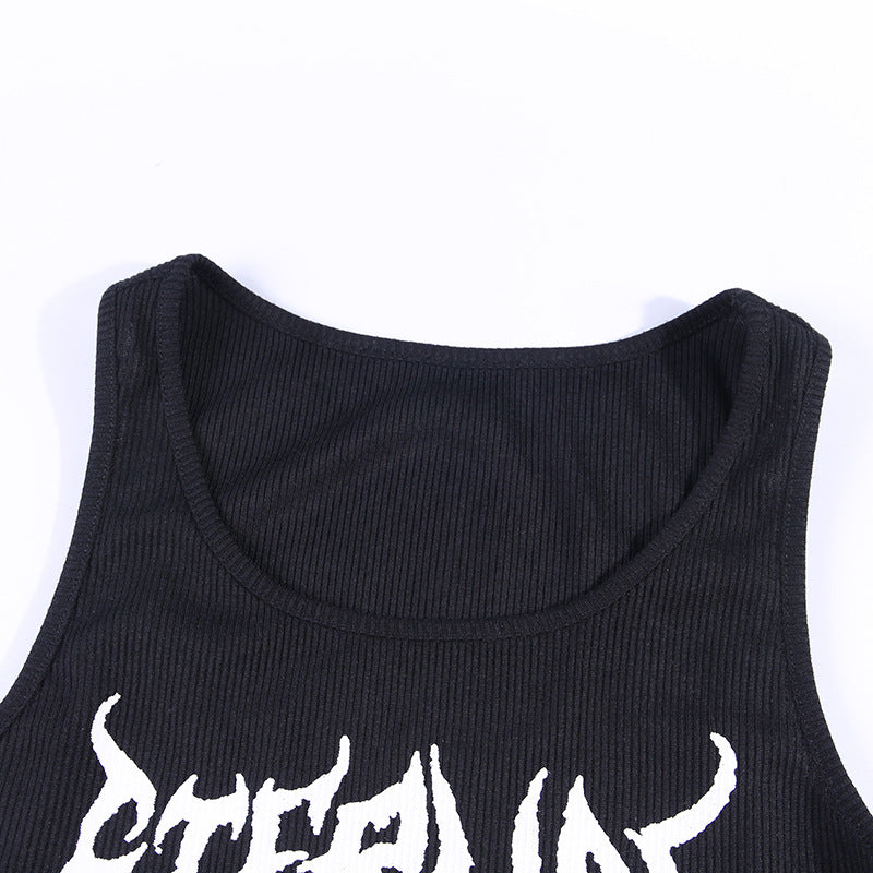 Black Skull Print Knit Ruffle Tank Top Cropped Sleeveless Shirt Causal Goth Punk Causal Summer E-Girl Kawaii Korean Japanese Harajuku Streetwear