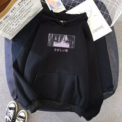 Cute Anime Girl Sad Eyes Hoodie Loose Long Sleeve Sweatshirt Sweater Pullover Jumper Casual E-Girl Kawaii Korean Japanese Harajuku Streetwear