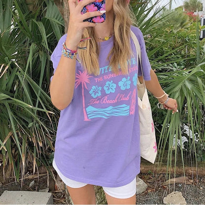 Purple Hibiscus Flower Print Short Sleeve T-shirt