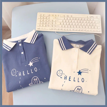 Cute Bunny Rabbit Spaceship Cartoon Print Button Down Long Sleeve Shirt T-shirt Top Summer Casual E-Girl Kawaii Korean Japanese Harajuku Streetwear