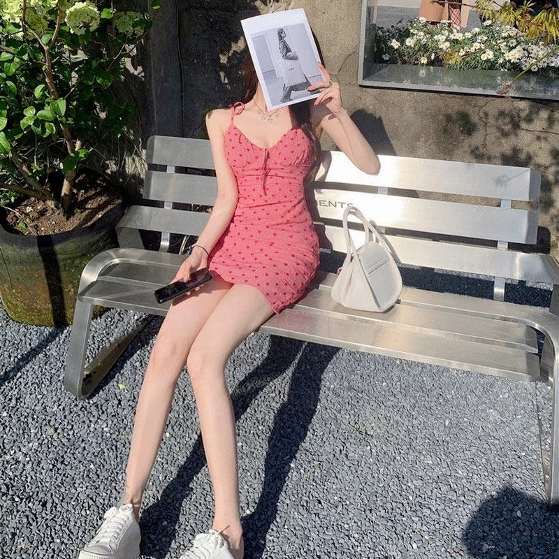 Cute Pink Heart Print Spaghetti Strap Sleeveless V-Neck Dress Summer Aesthetic Casual E-Girl Kawaii Korean Japanese Harajuku