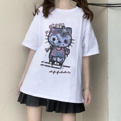 Zombie Anime Cat Print Short Sleeve T-shirt