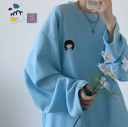 Girl Embroidery Waffle Sweater