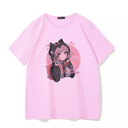 Cute Cat Anime Girl Cartoon Print Oversized Loose Short Sleeve Shirt Tee T-shirt Summer Casual E-Girl Kawaii Korean Japanese Harajuku Streetwear