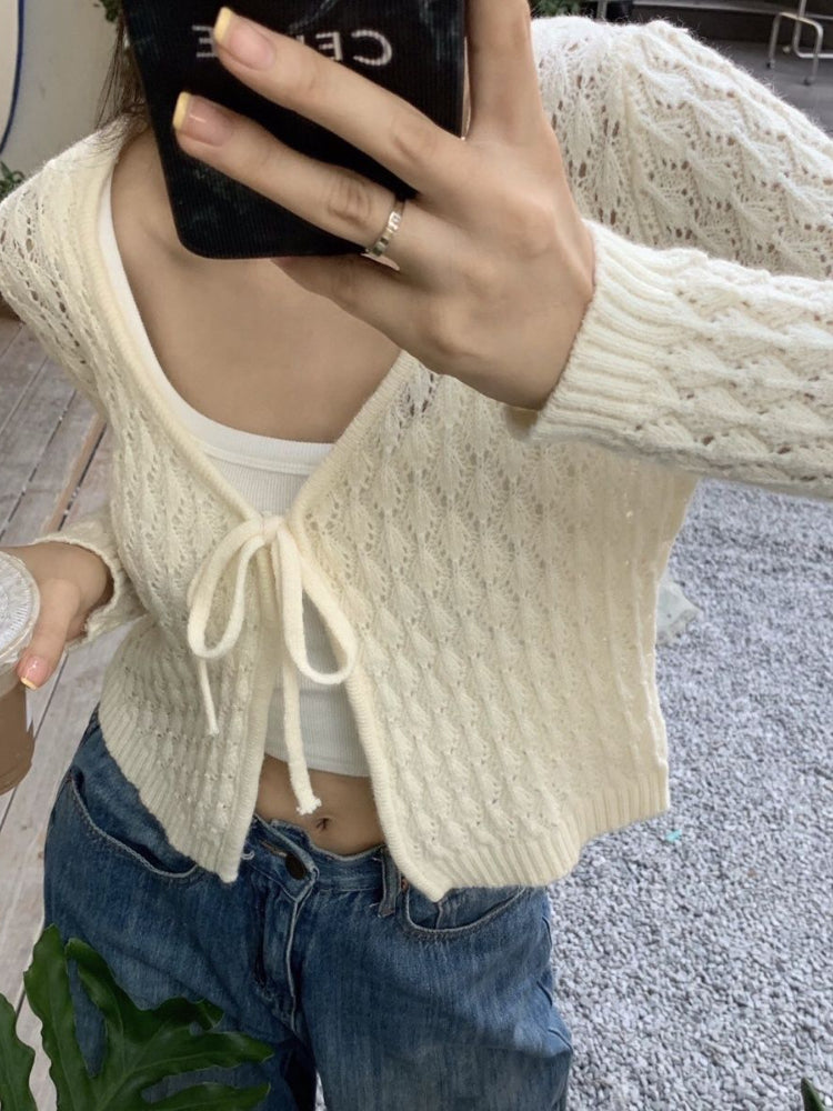 Hollow Out Lace Up V Neck Cardigan