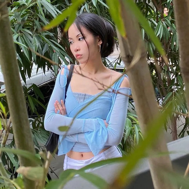 Blue See Through V Neck Bandage Long Sleeve Shirt