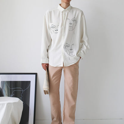 Cute Face Asymmetrical White Long Sleeve Shirt Tee T-shirt Top Blouse E-Girl Kawaii Korean Japanese Harajuku Retro Streetwear Aesthetic