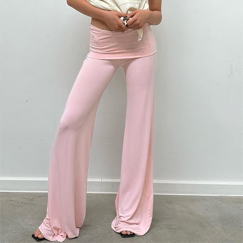 Pink Butterfly Rhinestone Fold Low Rise Flare Pants