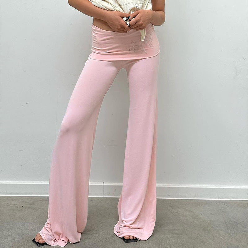 Pink Butterfly Rhinestone Fold Low Rise Flare Pants
