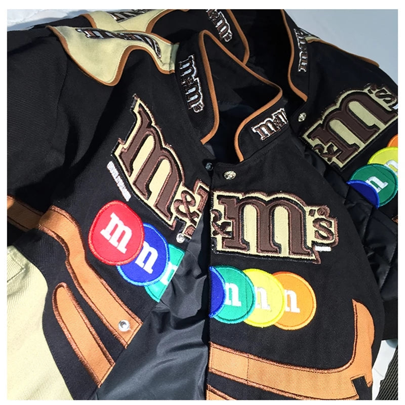 Cute Chocolate Embroidery Patch Retro Oversize Vintage Racer Jackets Long Sleeve Pullover Aesthetic Casual E-Girl Kawaii Korean Japanese Harajuku
