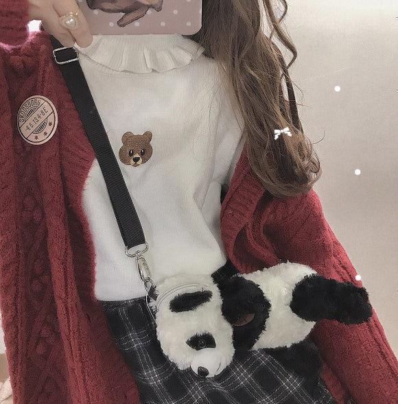 Cute Bear Embroidery Turtleneck Vintage Sweater High Neck Ruffle Pullover Long Sleeve Knit E-Girl Kawaii Korean Japanese Harajuku Streetwear