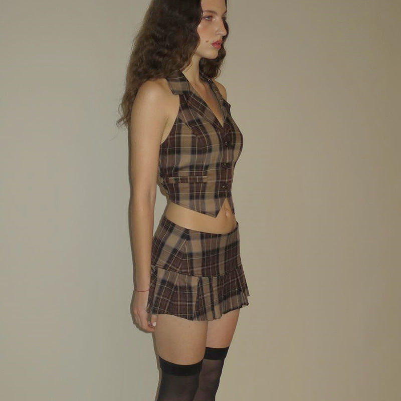 2PCS Brown Plaid Top + Low Waist Pleated Skirt