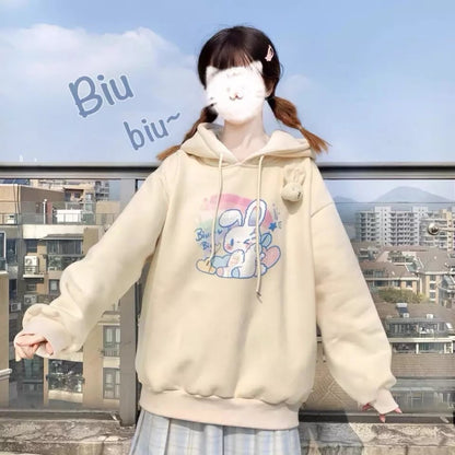 Cute Cream Bunny Rabbit Print Long Sleeve Hoodie Oversized Pullover Sweater Aesthetic Casual E-Girl Kawaii Korean Japanese Harajuku