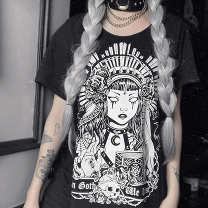 Cute Black Witch Anime Girl Cartoon Print Hoodie Sweater Sweatshirt Pullover Shirt Goth Punk E-Girl Kawaii Korean Japanese Harajuku Streetwear