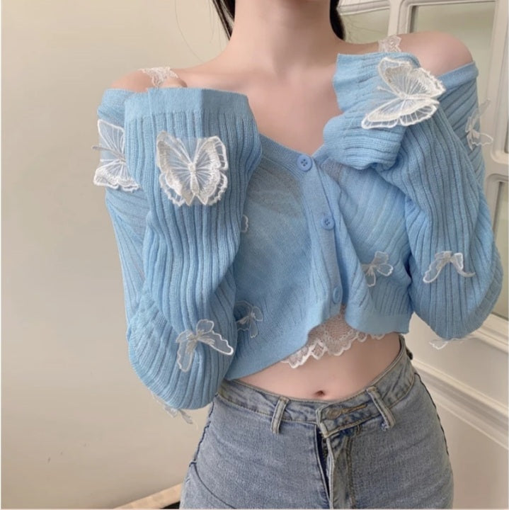 Cute Sweet Butterfly Knit Cardigan V Neck Crop Top Thin Long Sleeve T-shirt Vintage Aesthetic Casual Summer E-Girl Kawaii Korean Japanese Harajuku