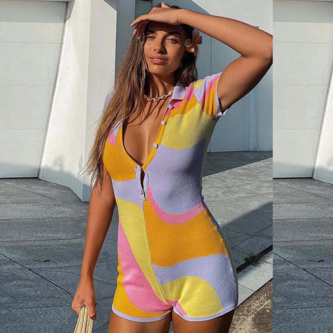 Abstract Colorful Patchwork Print Button Up Short Sleeve Romper Bodycon Bodysuit Summer Aesthetic Casual E-Girl Kawaii Korean Japanese Harajuku