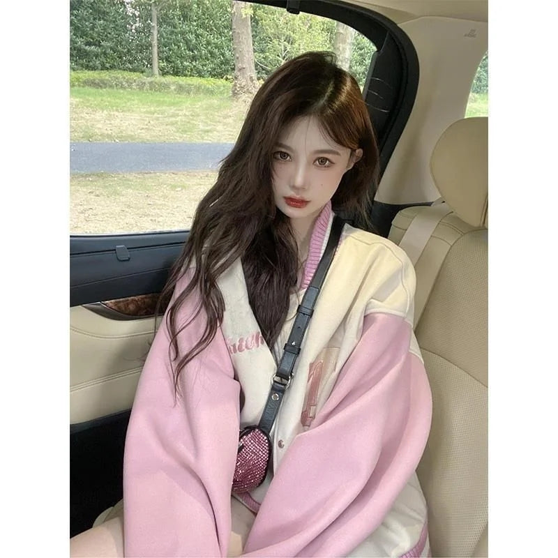 Pink Patchwork Oversized Varsity Jacket