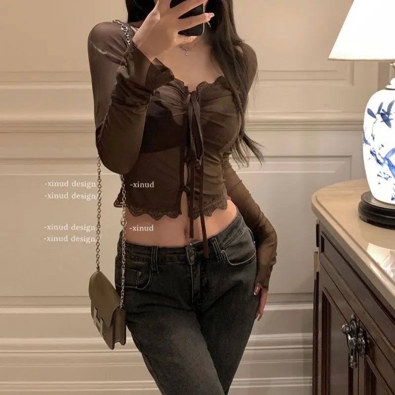 Red Lace See Through Blouse
