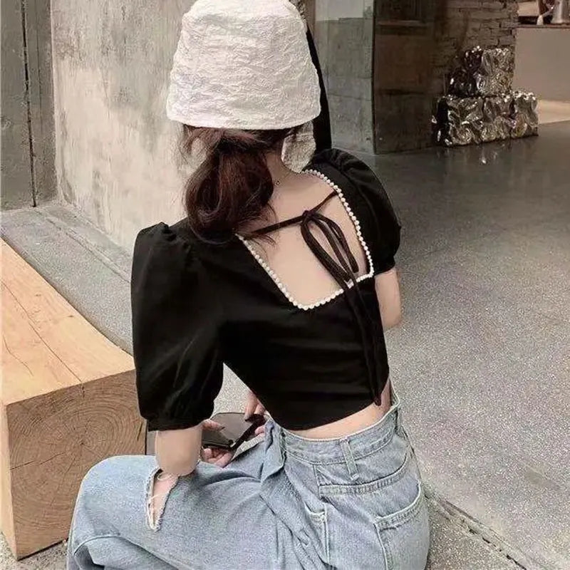 Black Pearl Lace Up Backless Puff Sleeve Blouse