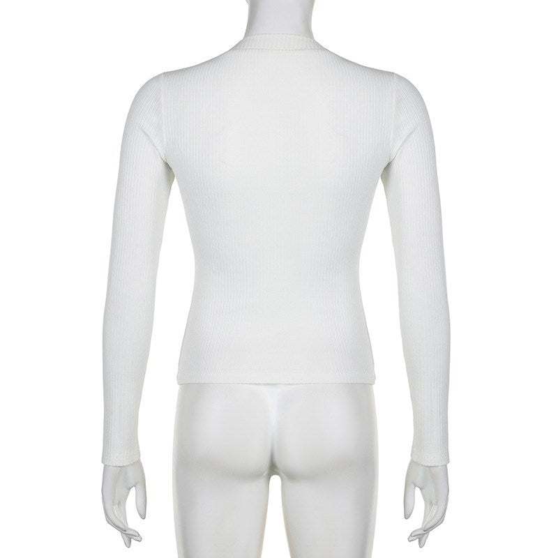 White Knit V Neck Long Sleeve Shirt