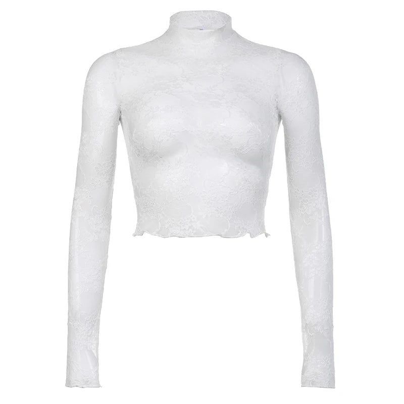 White Transparent Lace Turtleneck Crop Top