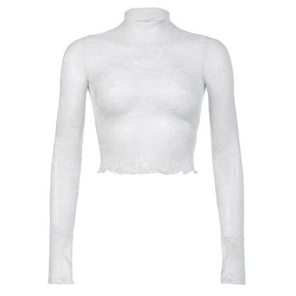 White Transparent Lace Turtleneck Crop Top