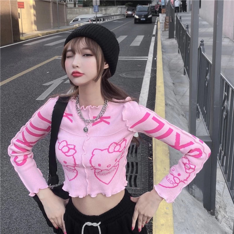 Cute Pink Kitty Cat Knit Loose Frill Long Sleeve Shirt Sweater Pullover Cardigan Aesthetic Casual Summer E-Girl Kawaii Korean Japanese Harajuku