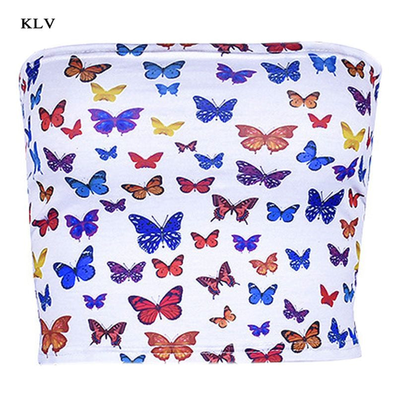 Cute Sexy Butterfly Print Colorful Crop Top Tube Off the Shoulder T-shirt Tee Shirt E-Girl Kawaii Korean Japanese Harajuku Retro Streetwear Fashion