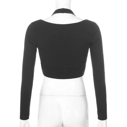 Cute Sexy 2pcs Set Black Halter Crop Top Tank Buckle Long Sleeve T-shirt Tracksuit Summer Aesthetic Casual E-Girl Kawaii Korean Japanese Harajuku