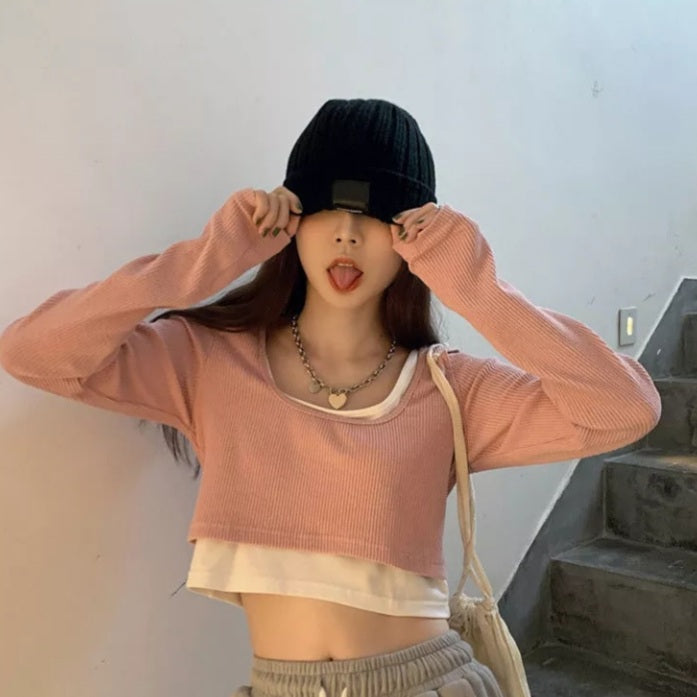 Cute Sexy 2pcs Off Shoulder Hollow Out Crop Top Long Sleeve T-shirt Vintage Punk Goth Aesthetic Casual Summer E-Girl Kawaii Korean Japanese Harajuku