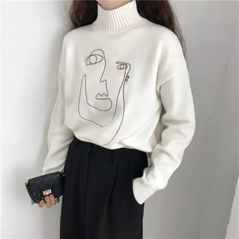 Cute Geometric Face Knit Turtleneck Oversized Sweater Long Sleeve Shirt Pullover Sweatshirt E-Girl Kawaii Korean Japanese Harajuku Retro Streetwear