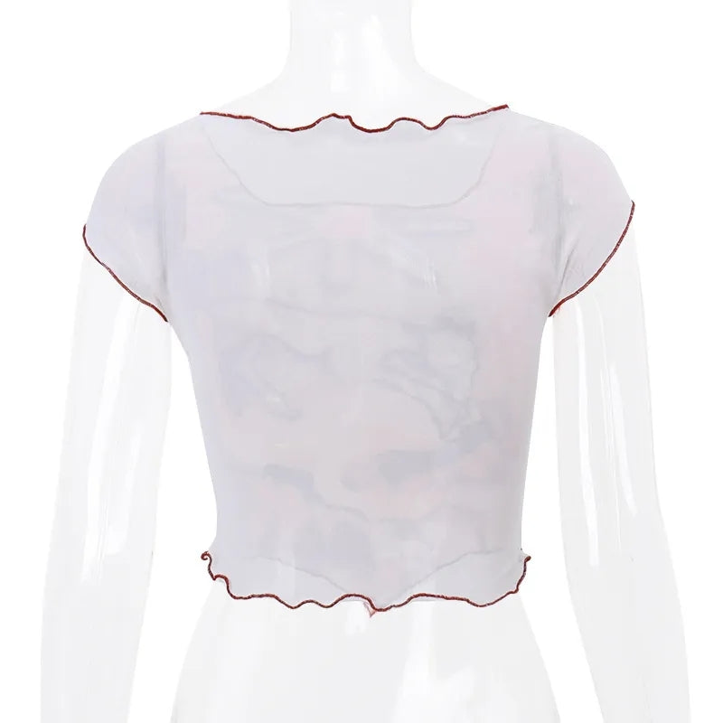 Abstract Print Mesh Sheer Crop Top