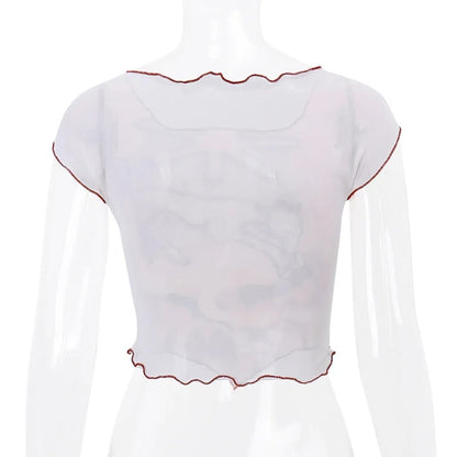 Abstract Print Mesh Sheer Crop Top